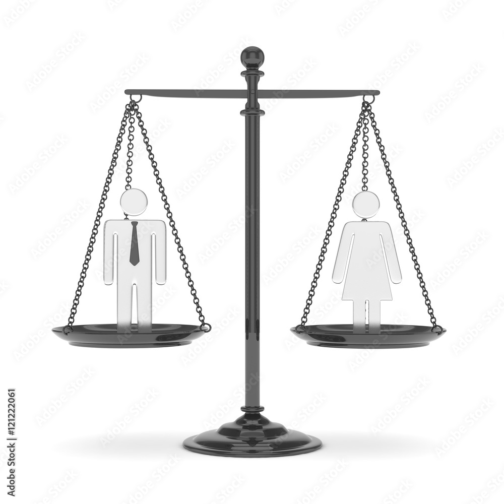 Isolated old fashioned pan scale with man and woman on white background. Gender inequality. Equality of sexes. Law issues. Silver model. 3D rendering. Isolated old fashioned pan scale with man and woman on white background. Gender inequality. Equality of sexes. Law issues. Silver model. 3D rendering.