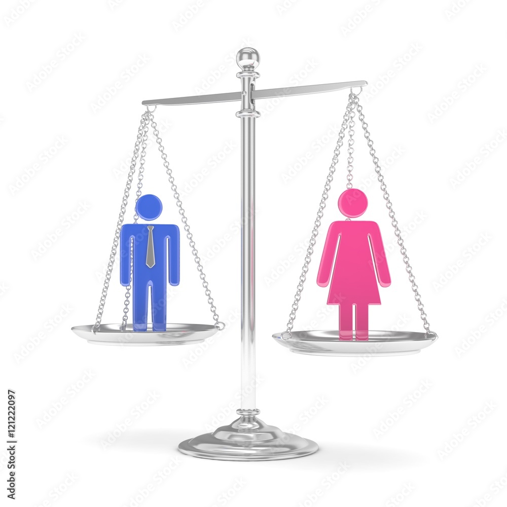 Isolated old fashioned pan scale with man and woman on white background. Gender inequality. Equality of sexes. Law issues. Colorful model. 3D rendering.