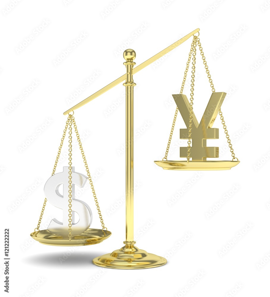 Isolated old fashioned pan scale with dollar and yuan,yen on white background. American and chinese and japanese currency. Dollar is heavier. Silver usd, golden yuan. 3D rendering. Isolated old fashioned pan scale with dollar and yuan,yen on white background. American and chinese and japanese currency. Dollar is heavier. Silver usd, golden yuan. 3D rendering.