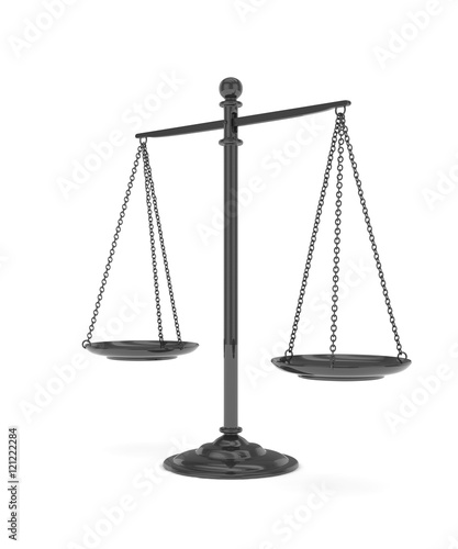 Isolated black scales on white background. Symbol of judgement. Law, measurement, liberty in one concept. 3D rendering.