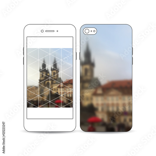 Mobile smartphone with an example of the screen and cover design isolated on white. Polygonal background, blurred image, urban landscape, Prague cityscape, modern triangular texture
