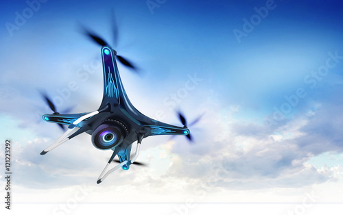 modern camera drone in flight with blue sky