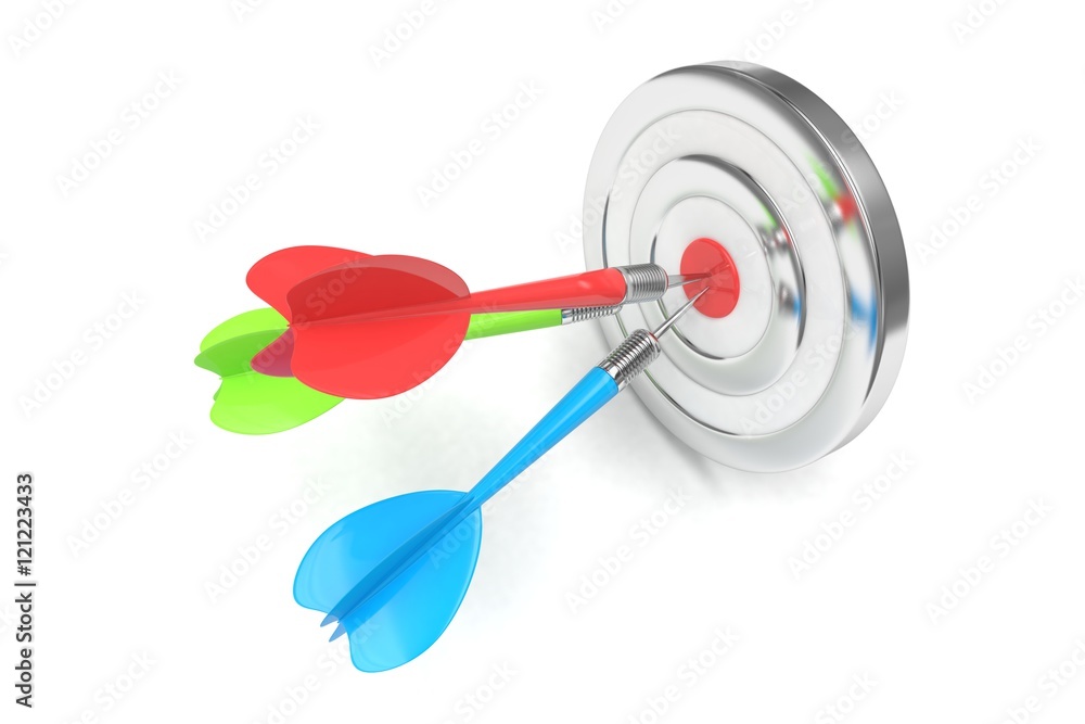 Three arrows darts in center. 3d rendering. Three arrows darts in center. 3d rendering.