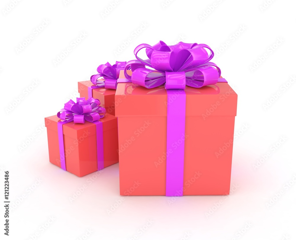 Obraz premium three gift boxes with bows isolated on white. 3d rendering.