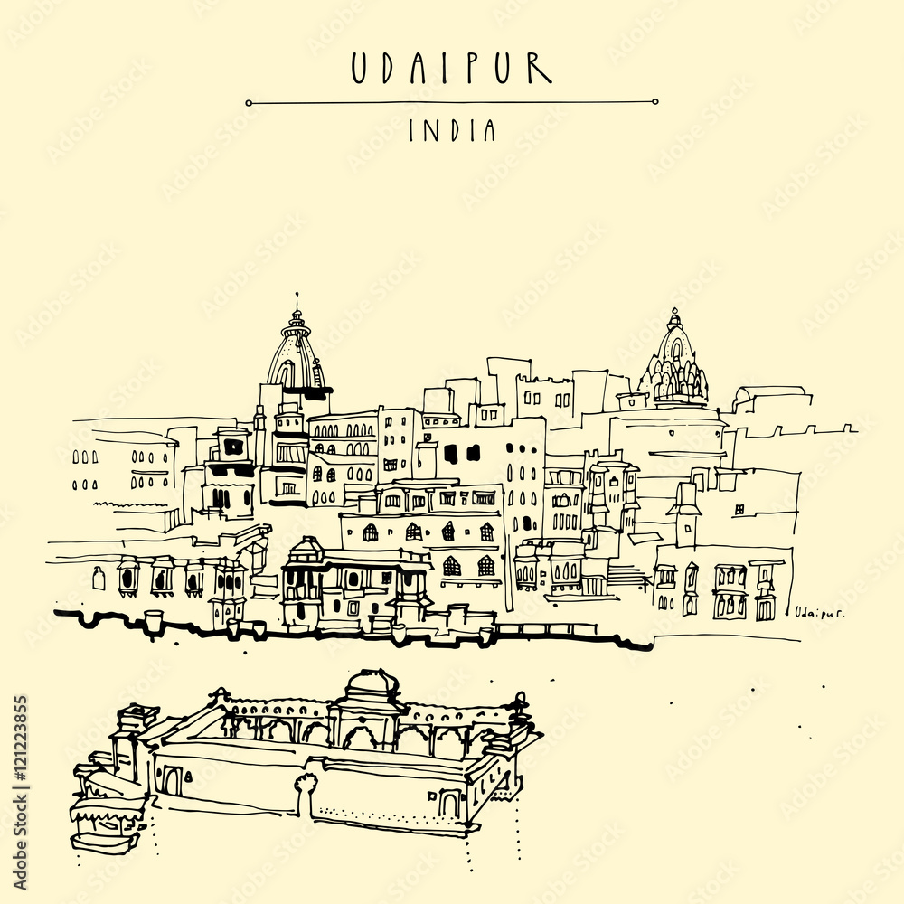 View of Udaipur, Rajasthan, India. Hand drawn cityscape sketch. Travel art. Vintage artistic postcard template
