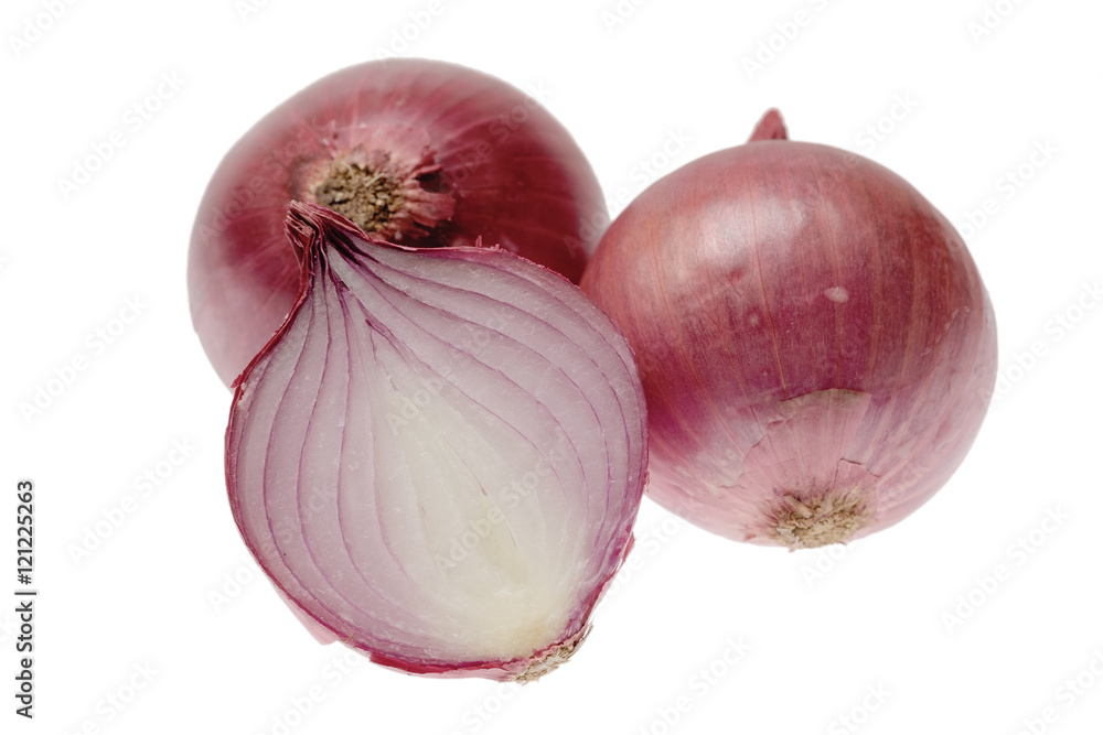 Tow red onions and one half on white background Tow red onions and one half on white background