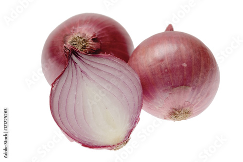 Tow red onions and one half on white background