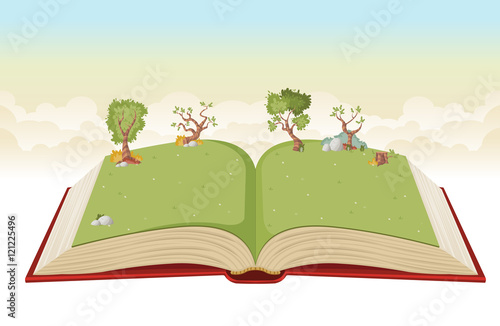 Open book with green park. Nature landscape with grass and trees.