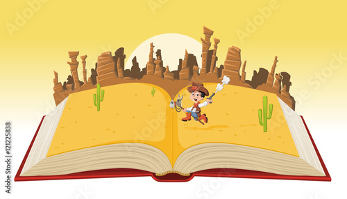 Open book with cartoon cowboy kid galloping on Wild west

