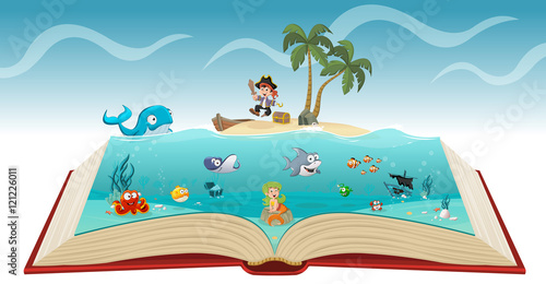 Open book with cartoon pirate boy with fish and mermaid under water. 