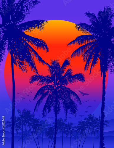 Fototapeta Naklejka Na Ścianę i Meble -  Tropical sunrise with pink gradient sun and silhouette of palm trees and mountains in the background of blue sky