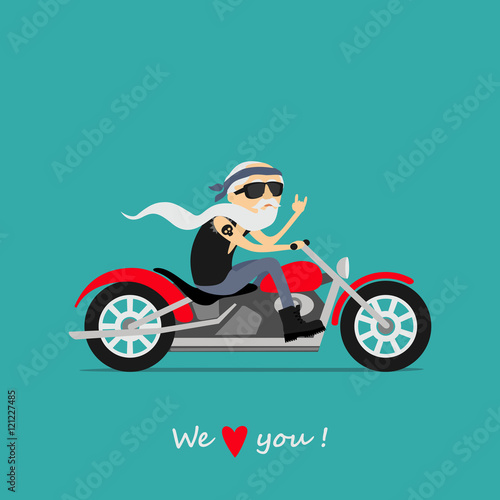 Happy grandparents day. Elderly man, grandfather, old biker on the motorcycle. We love you. Greeting card, background.