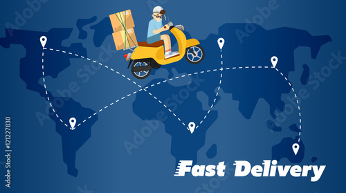 Delivery boy riding yellow scooter with cardboard boxes on background of world map with routes. Fast delivery banner, vector illustration. Motorcycle courier service. Worldwide shipping and moving.