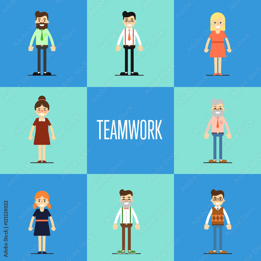 Smiling young cartoon people characters stand on blue background. Teamwork concept, isolated vector illustration in flat design. Collaboration and partnership, working together. Business team