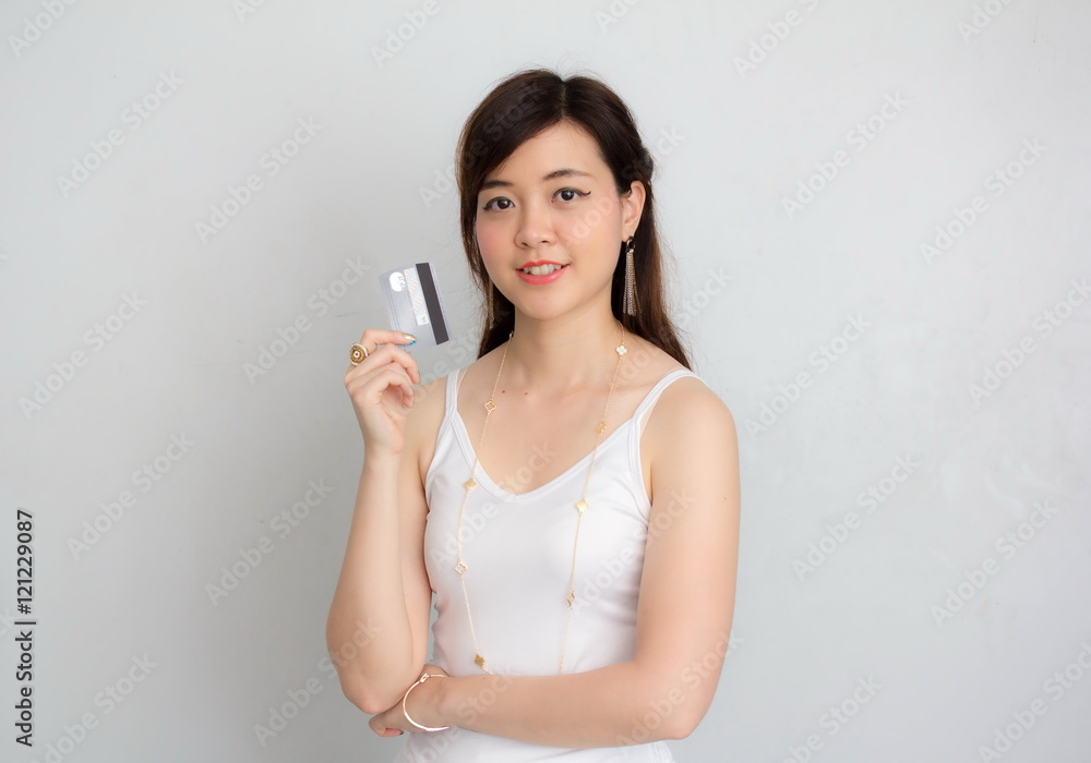 Portrait of thai adult women office beautiful girl credit card isolated