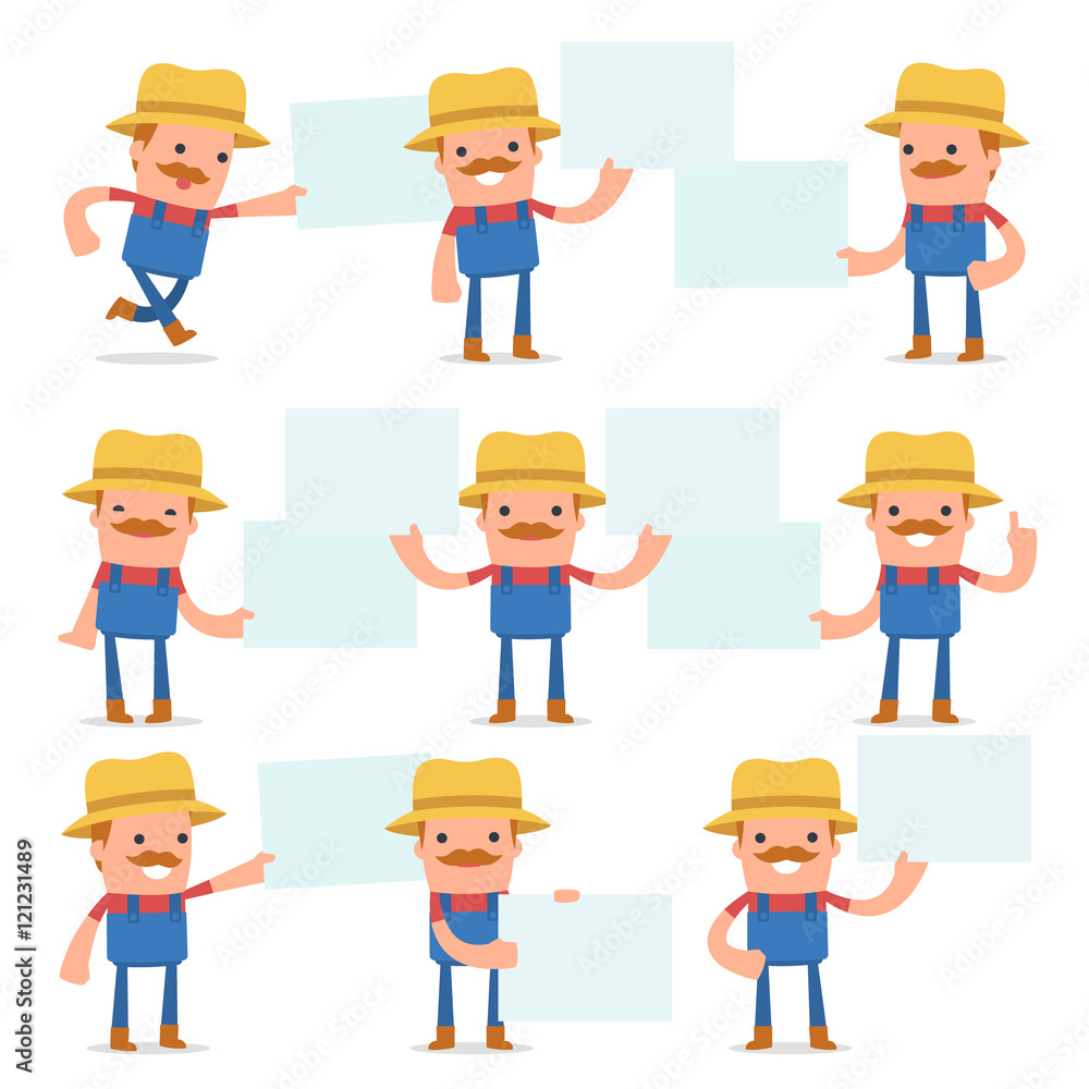 Set of Funny and Cheerful Character Farmer holds and interacts w