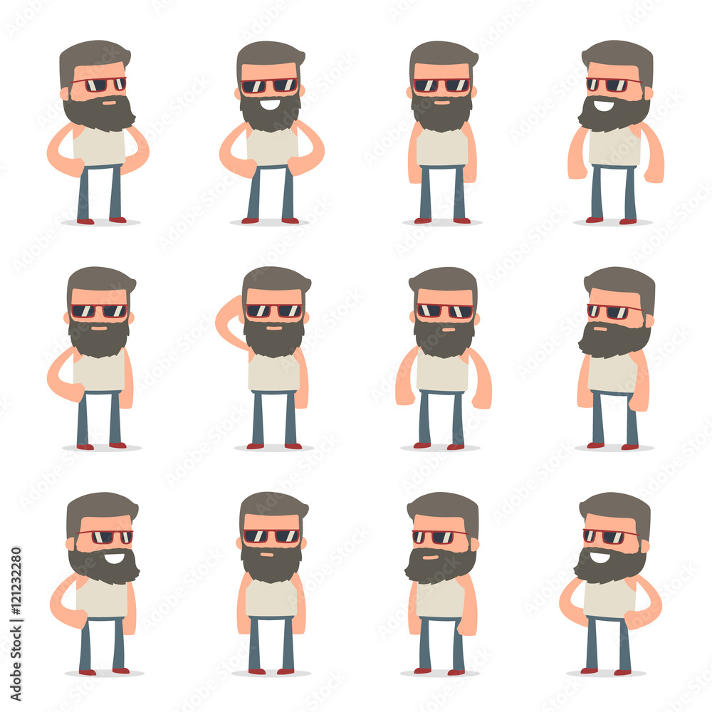 Set of Happy and Cheerful Character Hipster standing in relaxed Set of Happy and Cheerful Character Hipster standing in relaxed