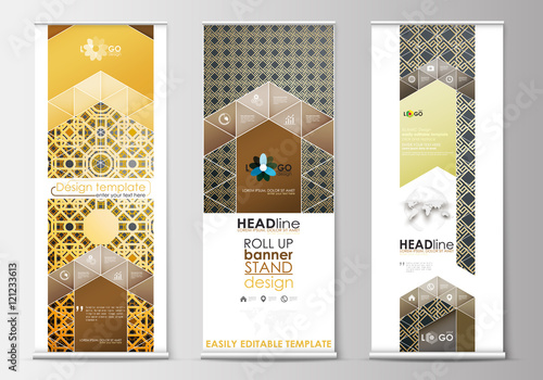 Set of roll up banner stands, flat design templates, modern business concept, corporate vertical flyers. Islamic gold pattern, overlapping geometric shapes forming abstract ornament. Golden texture.