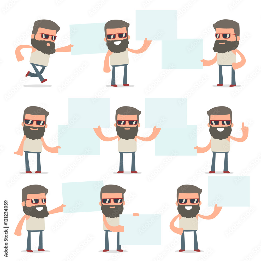 Set of Funny and Cheerful Character Hipster holds and interacts Set of Funny and Cheerful Character Hipster holds and interacts