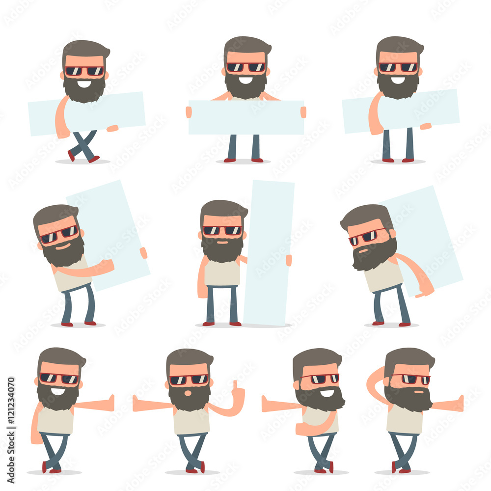 Set of Smart and Funny Character Hipster leaned against the wall