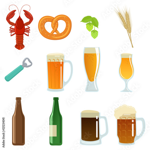 Set of beer glasses, bottle and snack. Vector stock illustration.