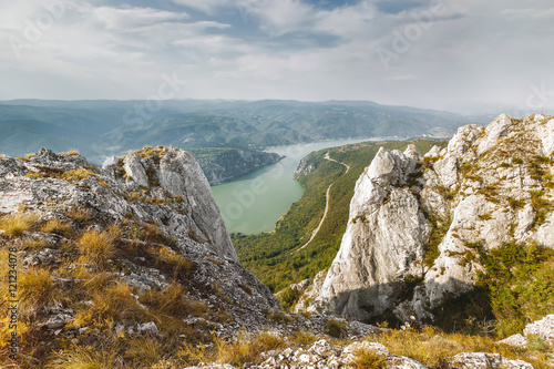 Danube river in Djerdap National park.  Cliffs over Danube river, Djerdap National park, east Serbia. View from the top of the cliffs photo