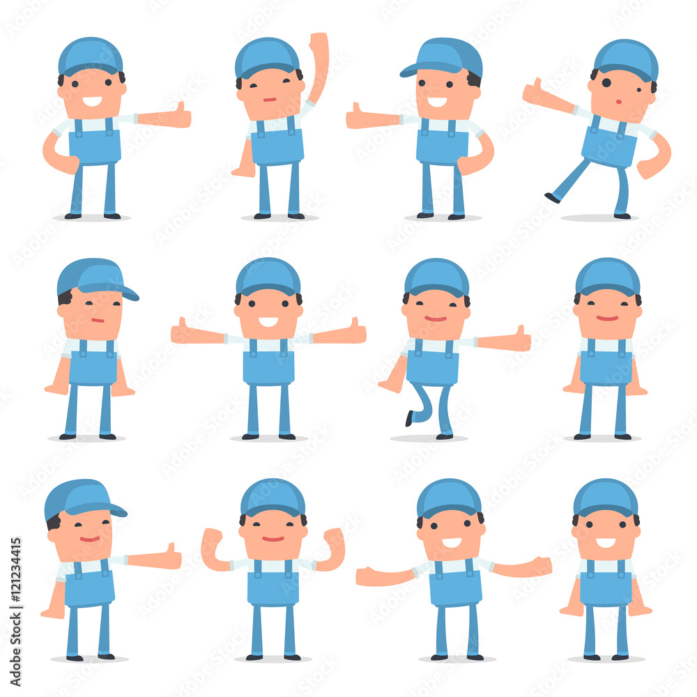 Set of Funny and Cheerful Character Repairman showing thumb up a