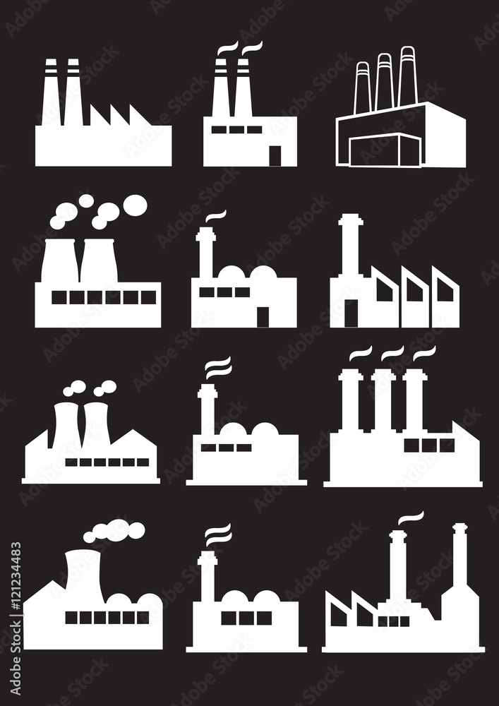 Industrial Factory with Chimneys Vector Web Icon Set