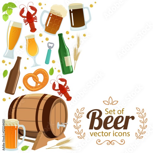 Side vertical border with colorful beer icons. Template for packaging, cards, posters, menu. Vector stock illustration.