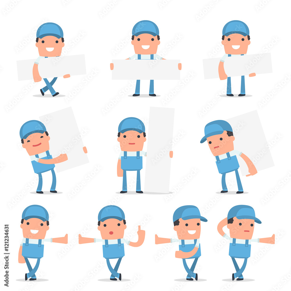 Set of Smart and Funny Character Repairman leaned against the wa Set of Smart and Funny Character Repairman leaned against the wa