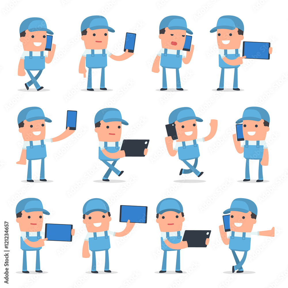 Set of Smart and Funny Character Repairman holding mobile phone Set of Smart and Funny Character Repairman holding mobile phone