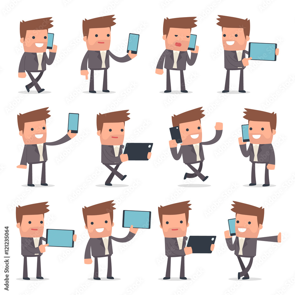 Set of Smart and Funny Character Competitor holding mobile phone Set of Smart and Funny Character Competitor holding mobile phone