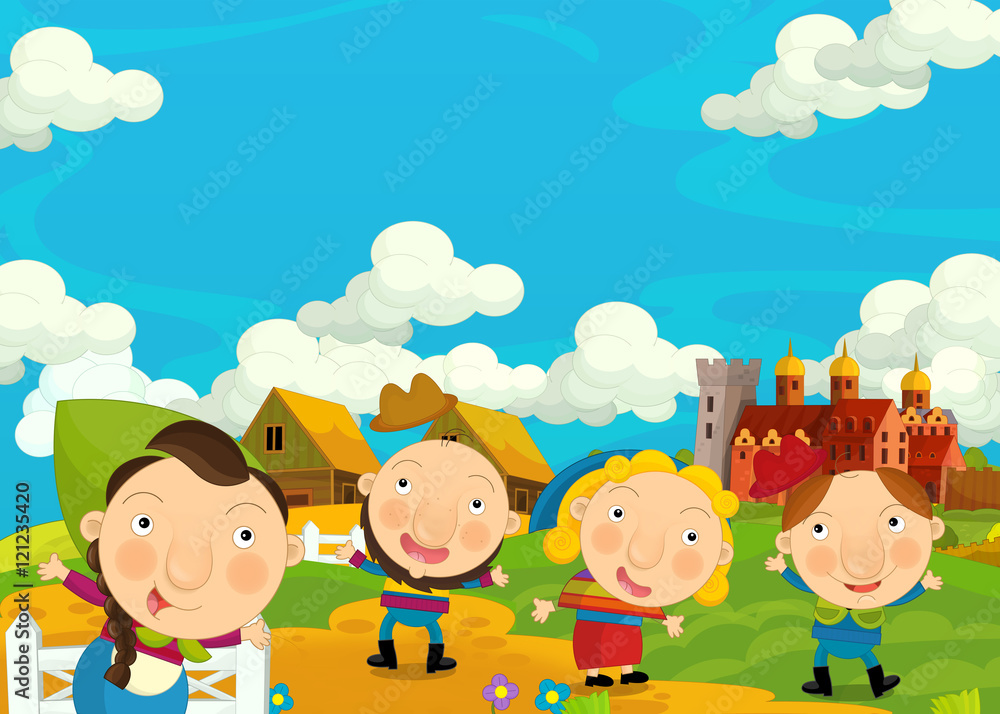 Cartoon medieval scene - people are gathering together in a village - image  for different fairy tales - illustration for the children Stock  Illustration | Adobe Stock