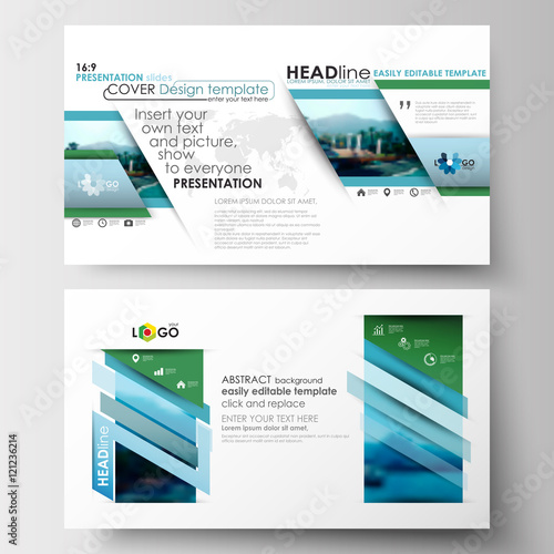 Business templates in HD format for presentation slides. Flat design blue color travel decoration layout, easy editable vector template, colorful blurred natural landscape.