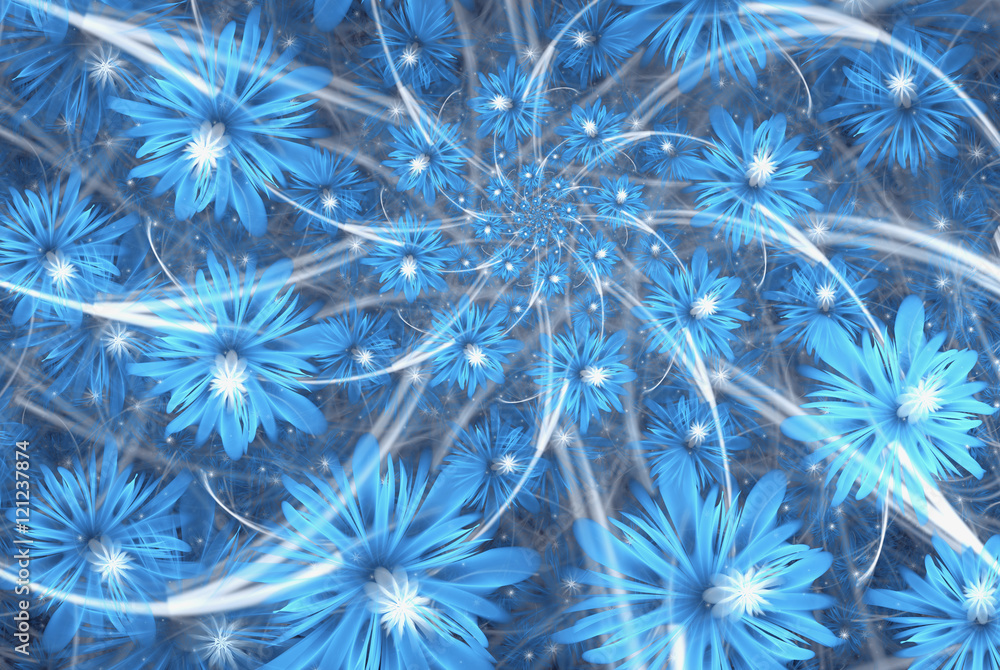 Obraz premium Blue abstract fractal cornflowers or centaureas with lighting rays for your creative design.