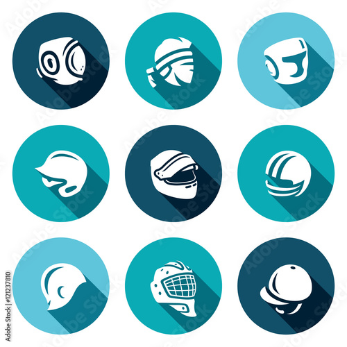Vector Set of Sports hat, cap and headband Icons. Kudo, Muay Thai, Boxing, Baseball, Motor racing, American Football, Swimming, Hockey, Goalie, Jumping.
