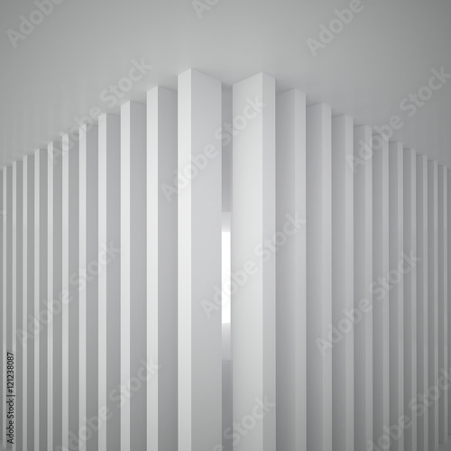 3d illustration. Fragment of white interior of not existing building with walls of vertical structure and the external light. Render