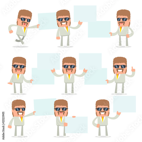 Set of Funny and Cheerful Character Impudent Reseller holds and