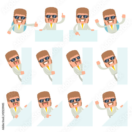 Set of Funny and Cheerful Character Impudent Reseller holds and