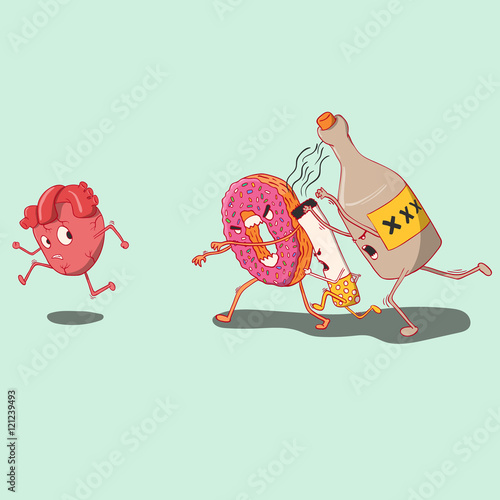 donut, alcohol and cigarette haunted heart. illustration of a healthy lifestyle.