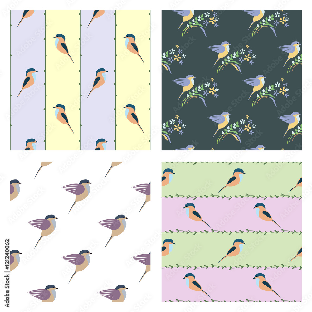 Set of seamless vector patterns with animals. Different colorful backgrounds with birds, branches with leaves. Graphic vector illustration. Series of Animals and Insects Seamless vector Patterns.