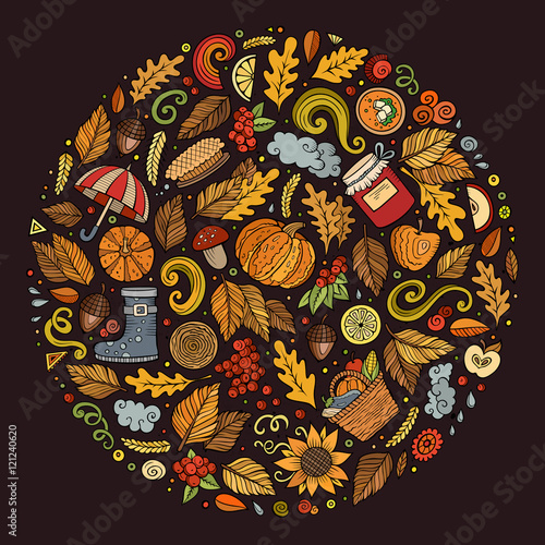 Autumn cartoon doodle objects, symbols and items