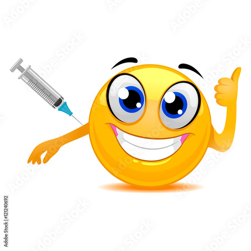 Vector Illustration of Smiley Emoticon Happily Taking a Vaccine