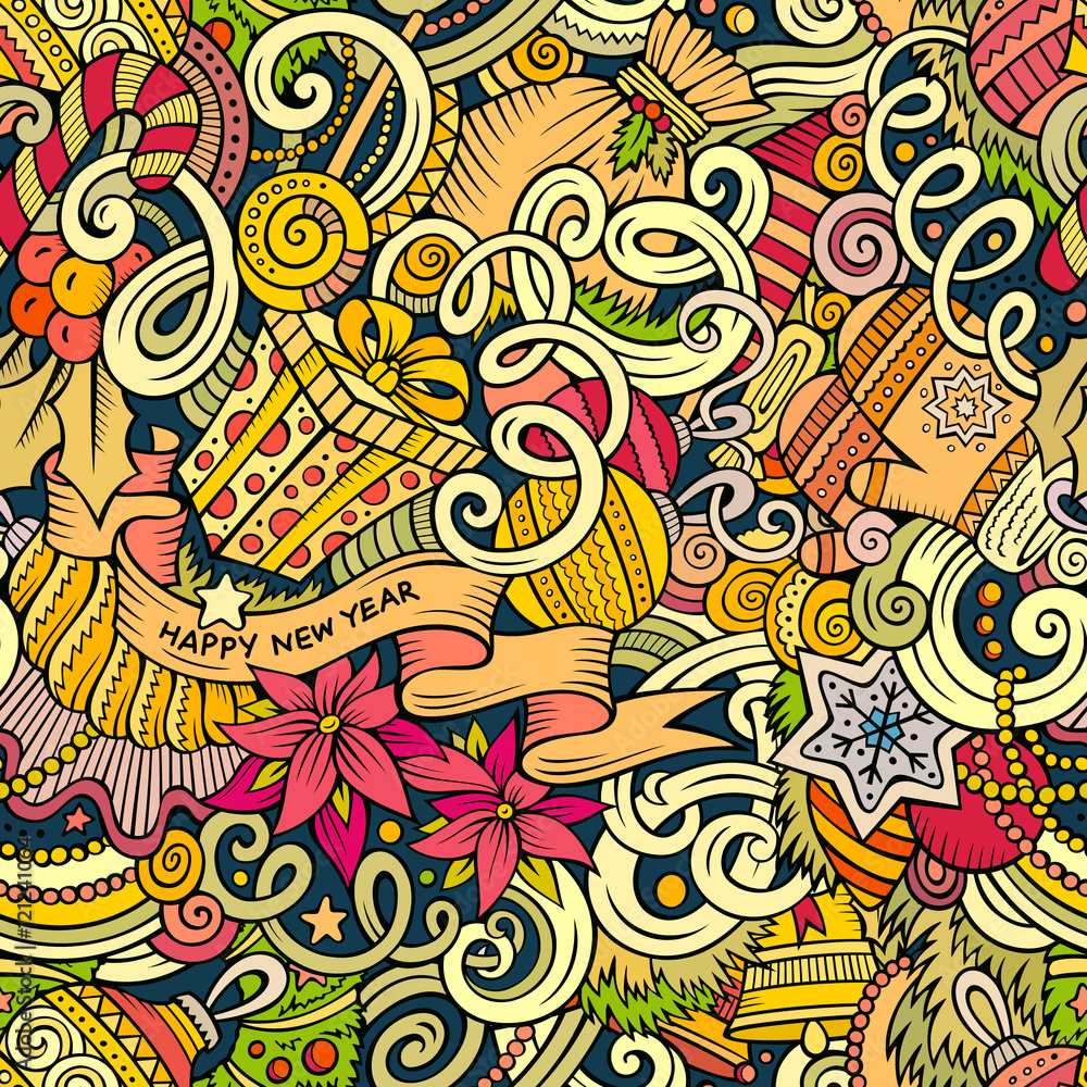 Cartoon cute doodles New Year seamless pattern Cartoon cute doodles New Year seamless pattern