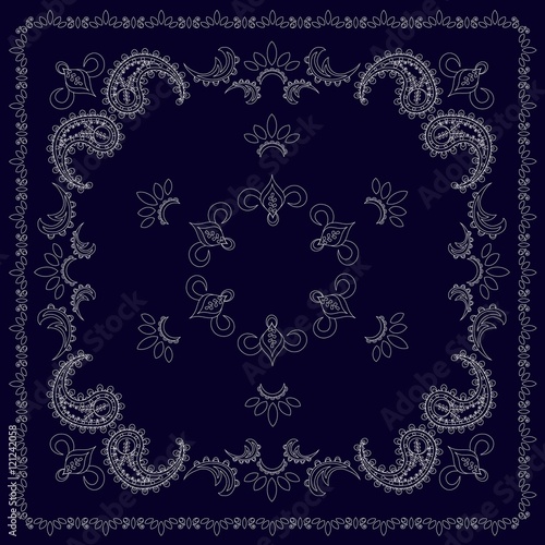 Dark blue and white bandana, hand drawn pattern, thin line, vector illustration