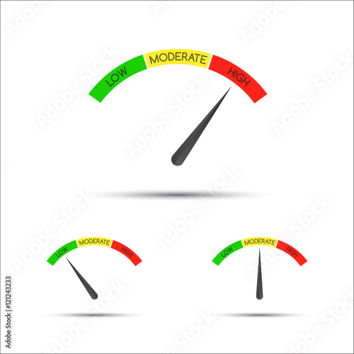 Set of simple vector tachometer with descriptions (low, moderate, high), speedometer icon, performance measurement symbol