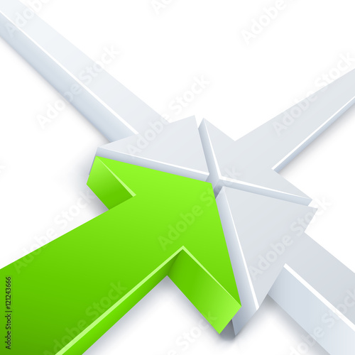 Abstract 3 white and 1 green arrows meeting in one point concept