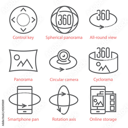 Vector thin line icons set with 360 Degree View and, Panorama tools and applications. For infographics and UX UI mobile kit.