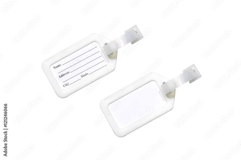close up top view set of blank & non blank badge name tag isolated on white background close up top view set of blank & non blank badge name tag isolated on white background
