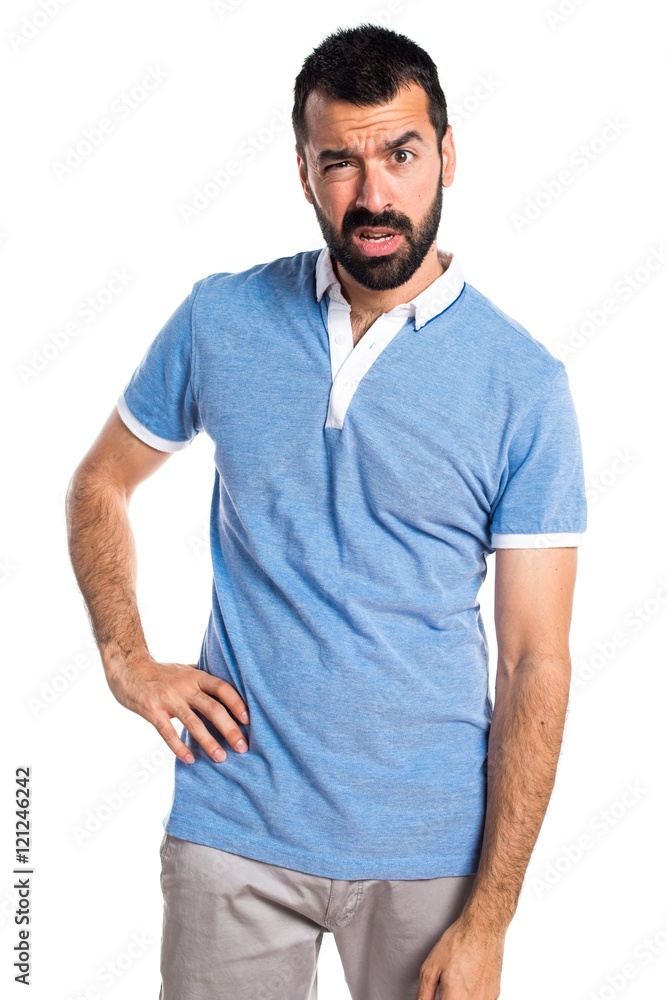 Tired man with blue shirt Tired man with blue shirt